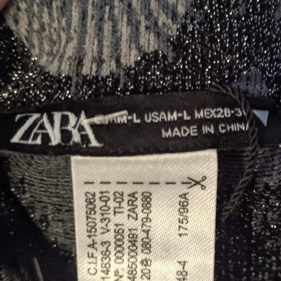 Zara Bodycon Stretch Mini Dress Metallic Fan Shell Print Open Back Black Silver - Picture 11 of 11